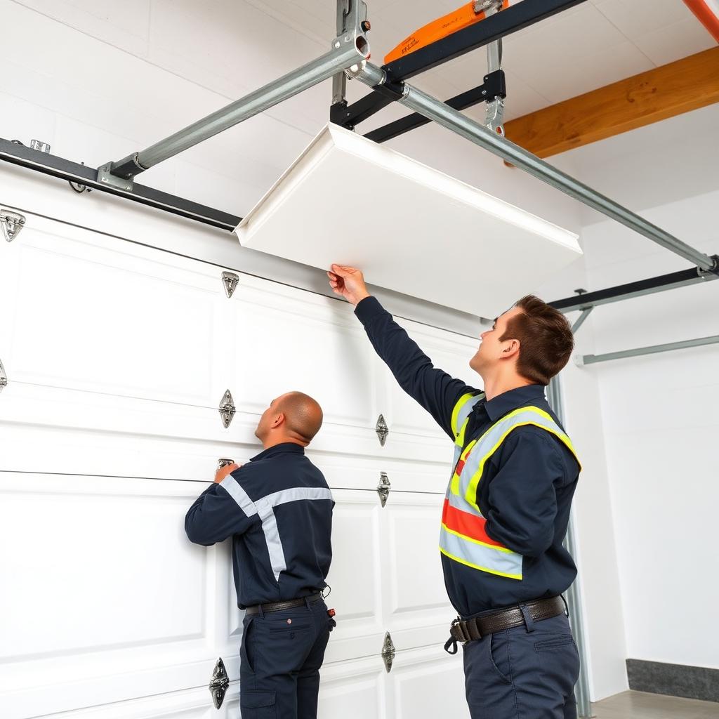Professional technicians installing insulated garage door panels